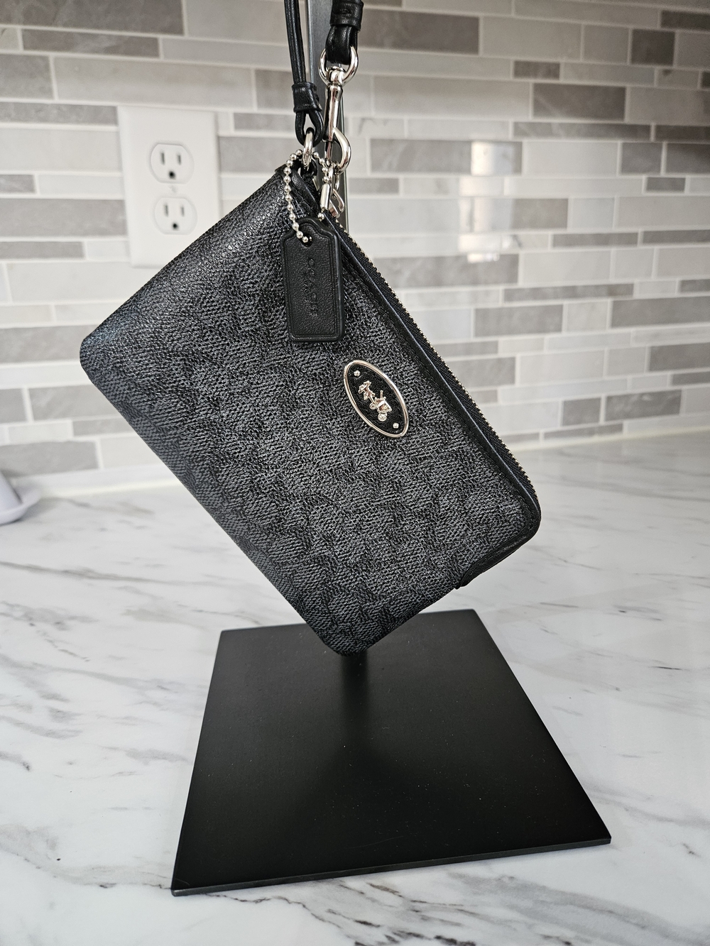 Coach Black Textured Zip Wristlet with Silver Accent